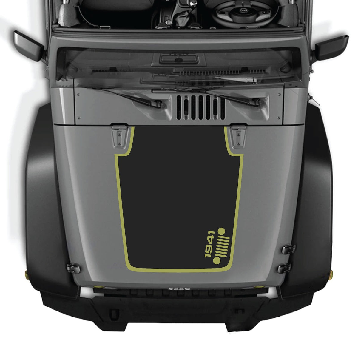 CarCode Jeep Wrangler JK/JKU 2007-2018 hood decal in style #59, black and white graphic design on vehicle hood.