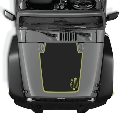 CarCode Jeep Wrangler JK/JKU 2007-2018 hood decal in style #59, black and white graphic design on vehicle hood.