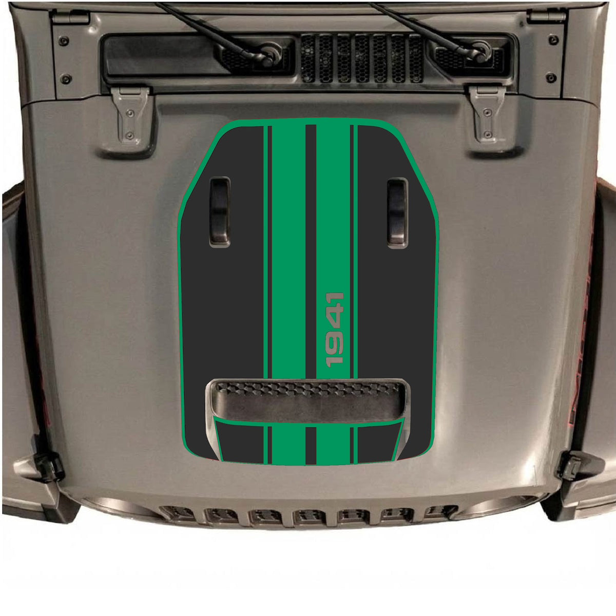 Jeep Wrangler JL/JLU Rubicon 392 or Gladiator Mojave hood decal by CarCode, style #71, shown on vehicle hood in black and silver design.