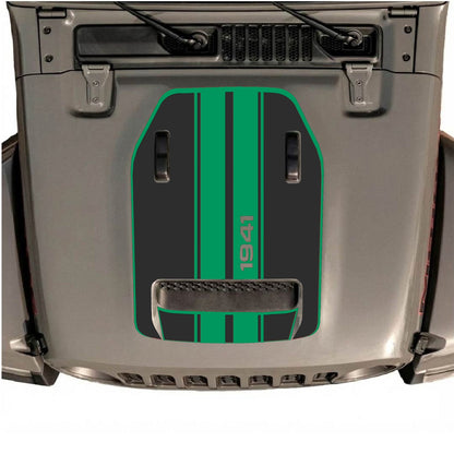 Jeep Wrangler JL/JLU Rubicon 392 or Gladiator Mojave hood decal by CarCode, style #71, shown on vehicle hood in black and silver design.