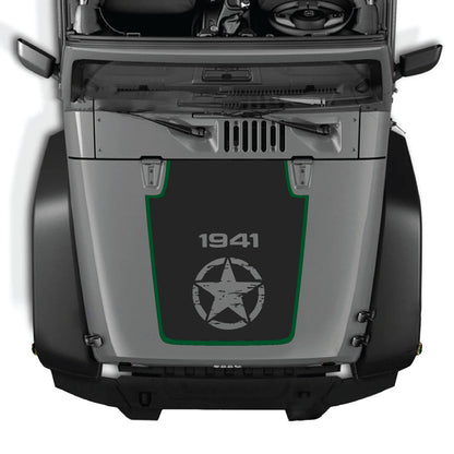 CarCode Jeep Wrangler JK/JKU hood decal in style #76, black graphic design on the vehicle's hood, fitting 2007-2018 models