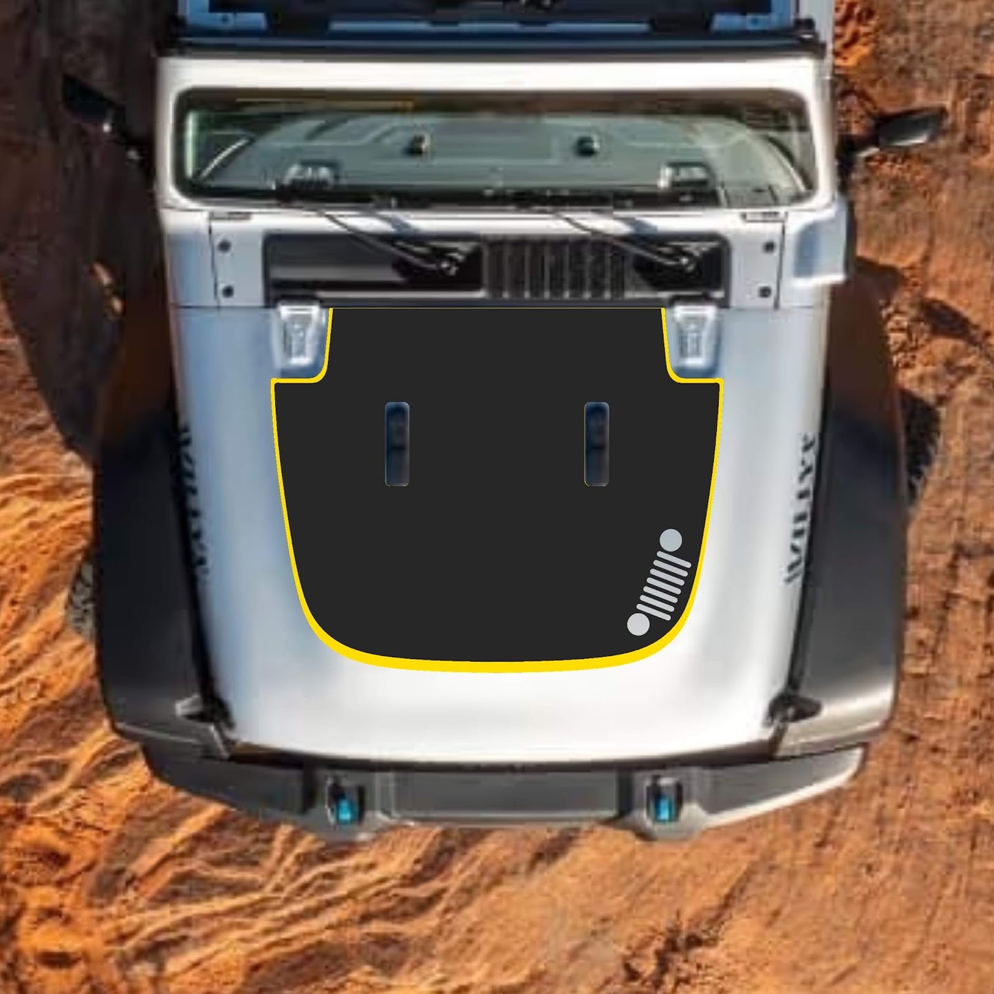 CarCode hood decal for Jeep Wrangler JL, JLU, Gladiator JT, 2018+ style, black and white graphic graphic applied on vehicle hood