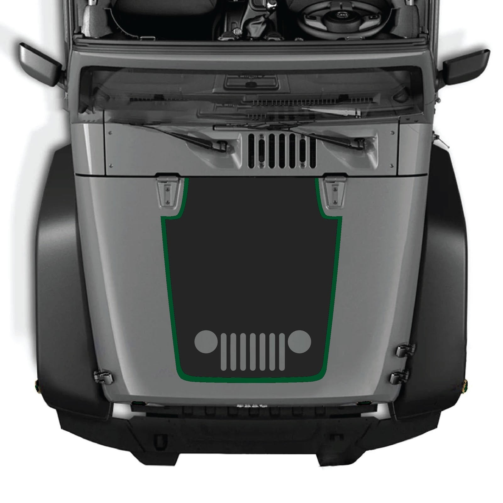 CarCode Jeep Wrangler JK/JKU hood decal in style #80, black and white graphic design on vehicle hood, 2007-2018 model.