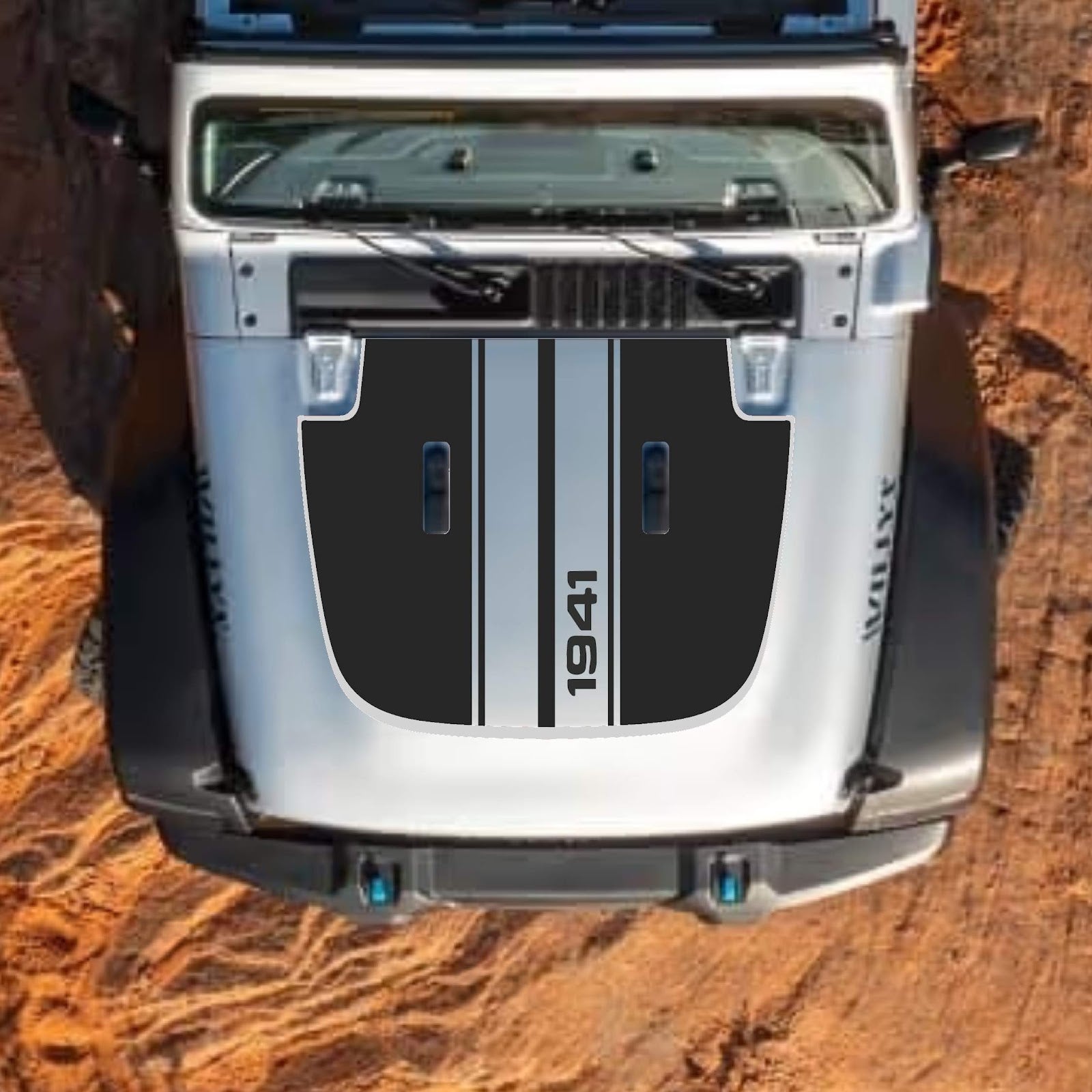 CarCode hood decal for Jeep Wrangler JL, JLU, Gladiator JT, 2018+ with style #77, black graphic design on hood surface.