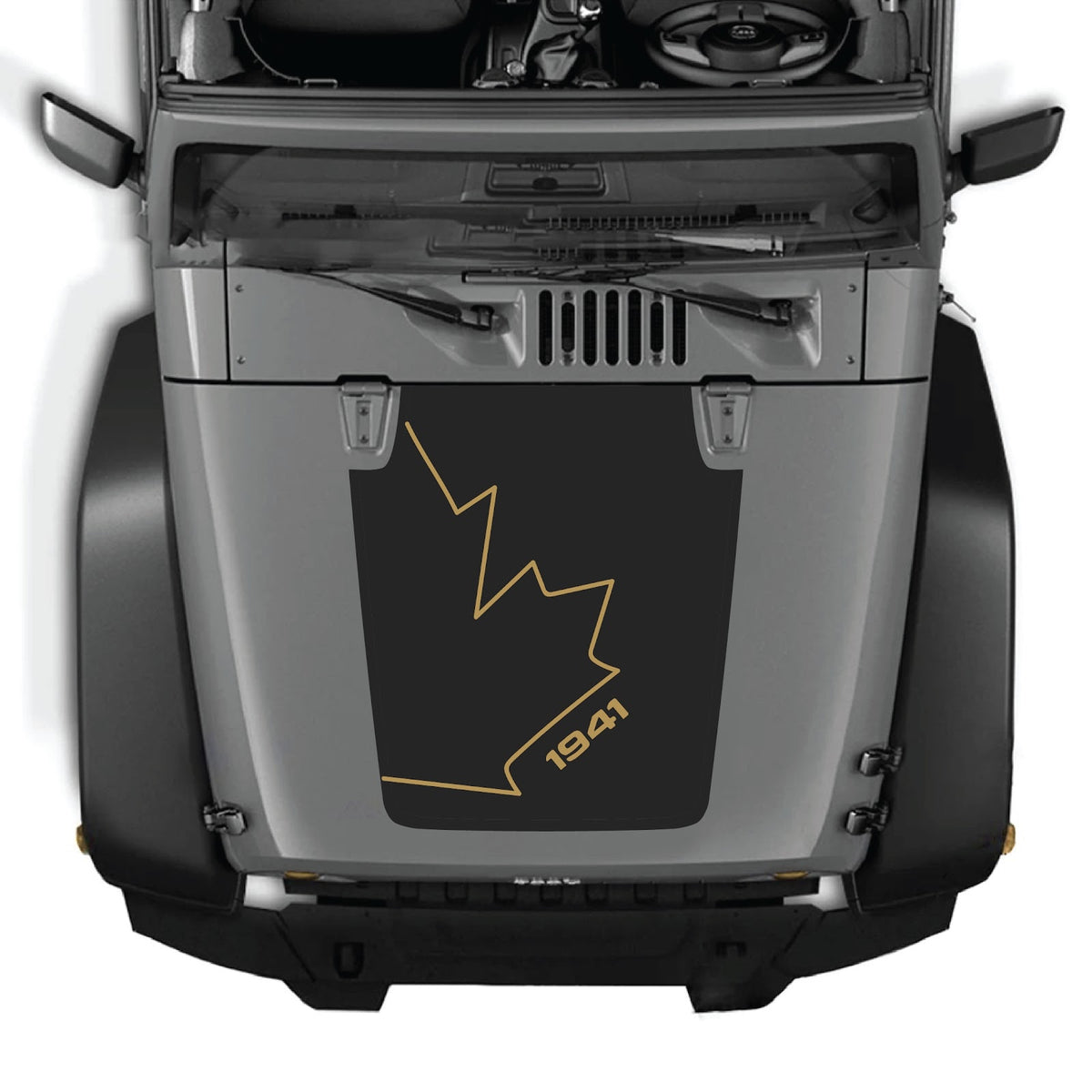 CarCode Jeep Wrangler JK/JKU hood decal style #08, black and gray graphic design on vehicle hood.