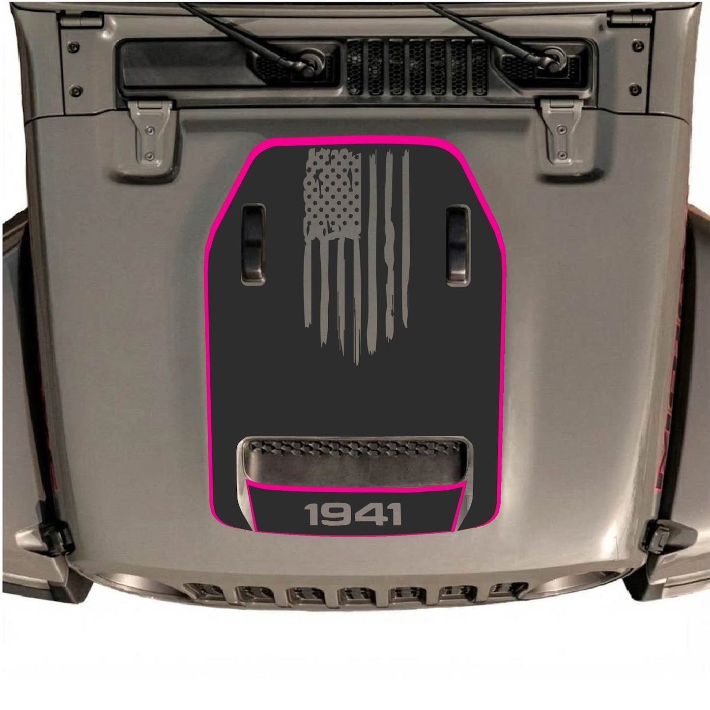 CarCode Jeep Wrangler JL/JLU Rubicon 392 and JT Gladiator Mojave hood decal, style #83, shown on vehicle with detailed design.