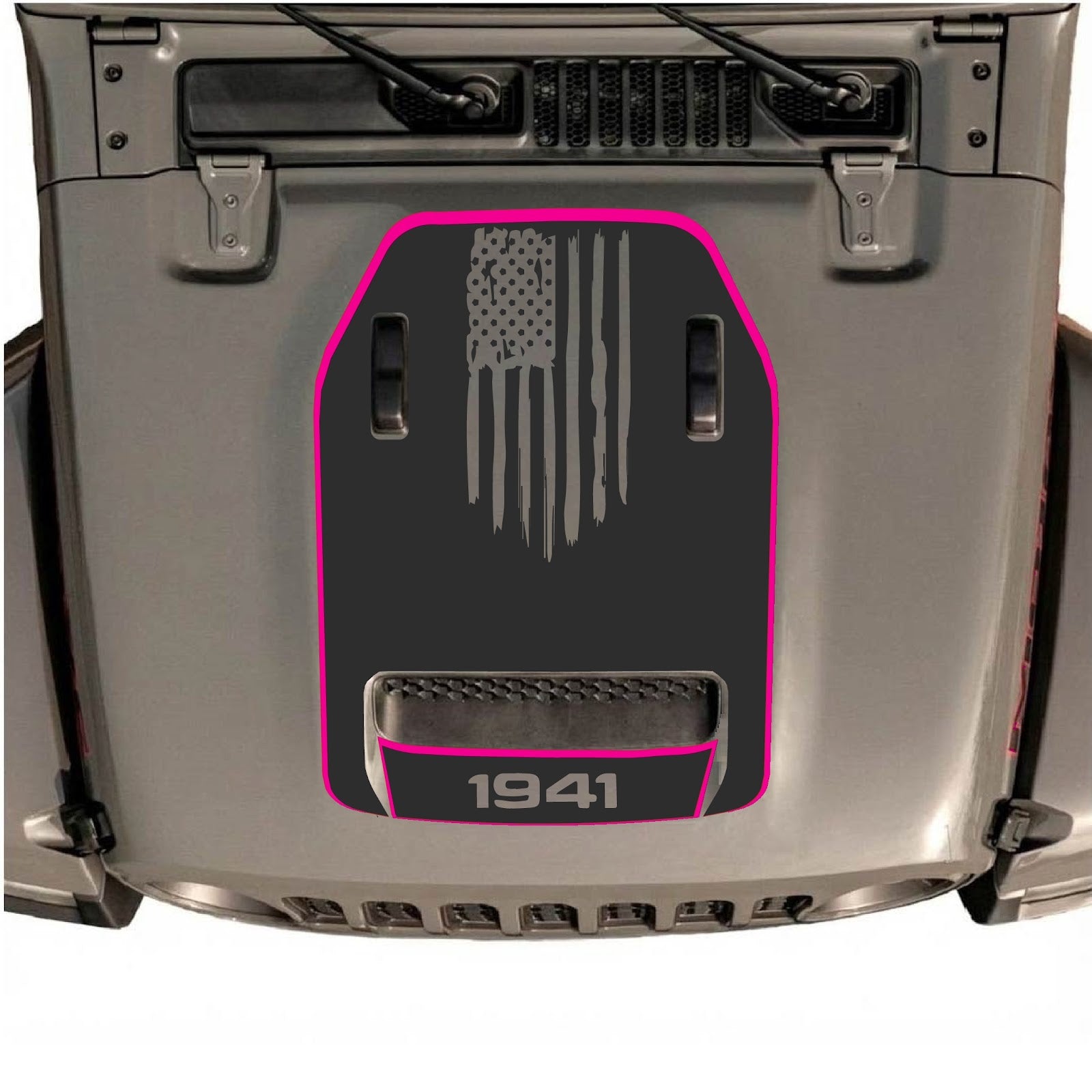CarCode Jeep Wrangler JL/JLU Rubicon 392 and JT Gladiator Mojave hood decal, style #83, shown on vehicle with detailed design.