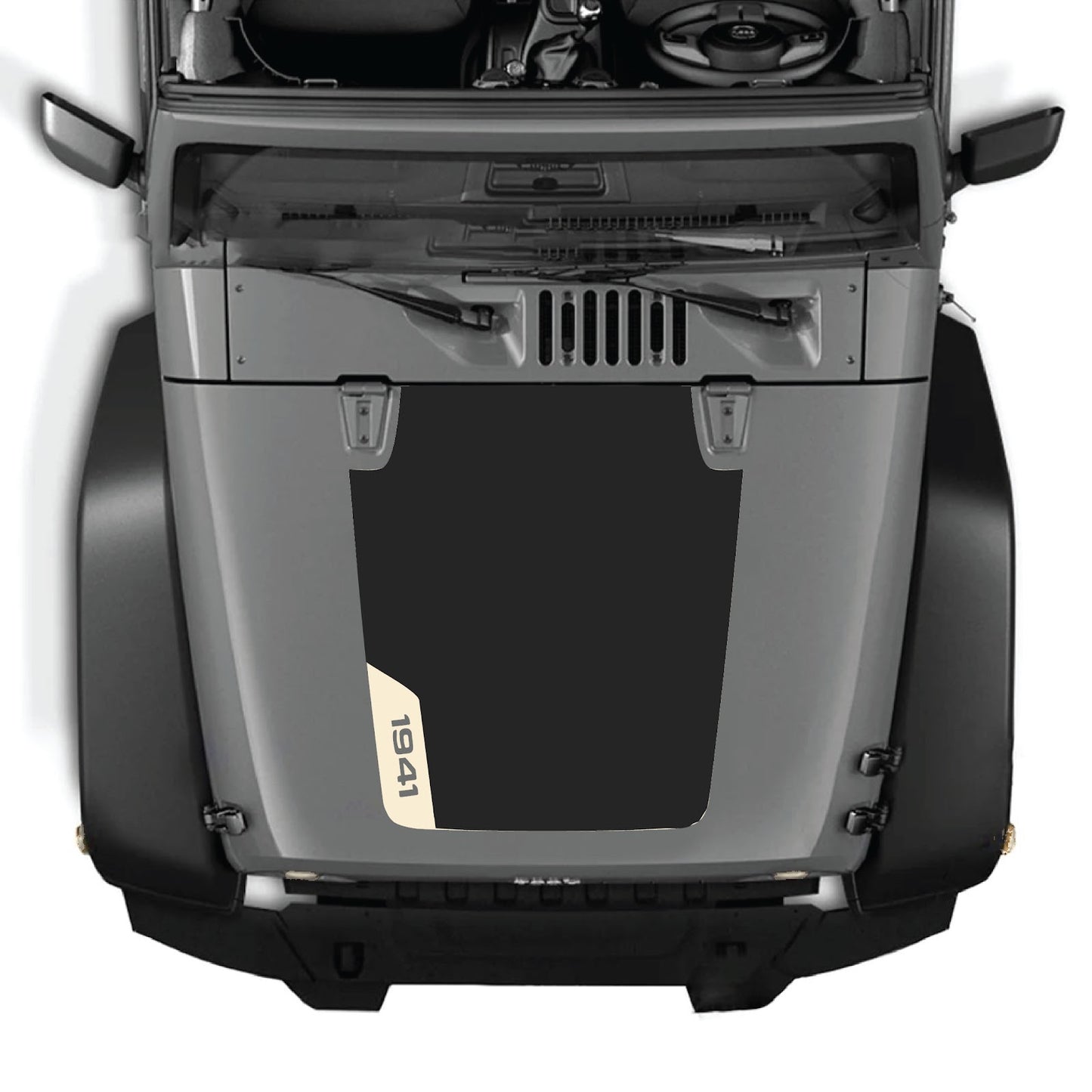 CarCode Jeep Wrangler JK/JKU hood decal in style #85, black graphic vinyl sticker on vehicle hood for 2007-2018 models.