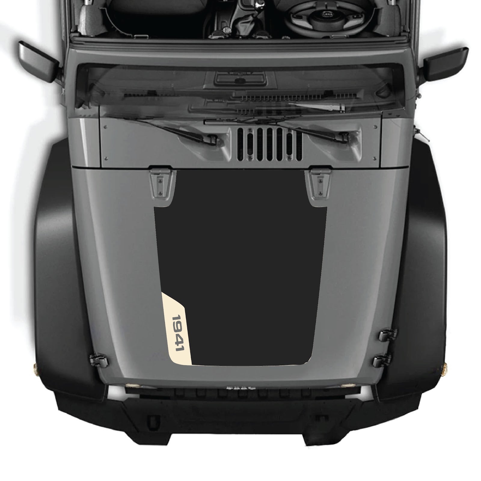 CarCode Jeep Wrangler JK/JKU hood decal in style #85, black graphic vinyl sticker on vehicle hood for 2007-2018 models.