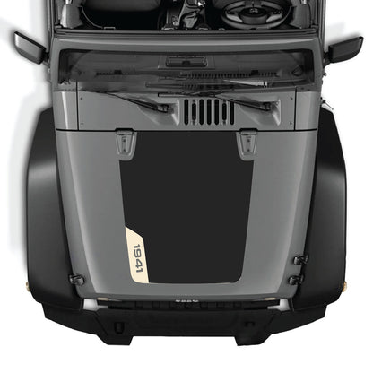 CarCode Jeep Wrangler JK/JKU hood decal in style #85, black graphic vinyl sticker on vehicle hood for 2007-2018 models.