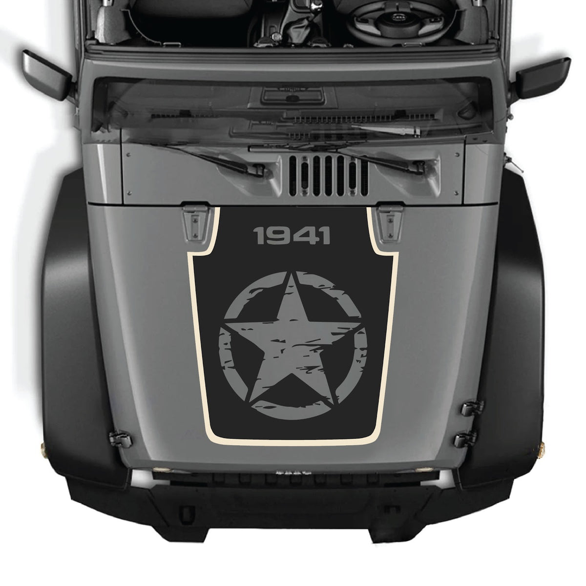 Jeep Wrangler JK/JKU hood decal by CarCode, style #79, black and white graphic design on hood of 2007-2018 model.
