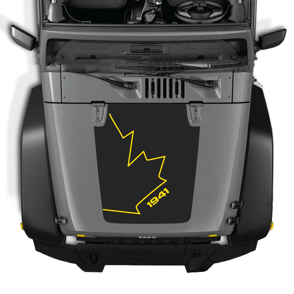 Jeep Wrangler JK/JKU hood decal by CarCode, style #08, black graphic sticker for 2007-2018 models, visible on hood surface