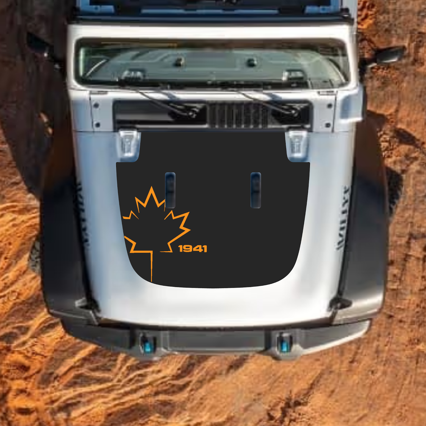 CarCode hood decal for Jeep Wrangler JL, JLU, Gladiator JT, standard hood, style #14, black graphic design on vehicle hood