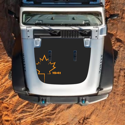 CarCode hood decal for Jeep Wrangler JL, JLU, Gladiator JT, standard hood, style #14, black graphic design on vehicle hood