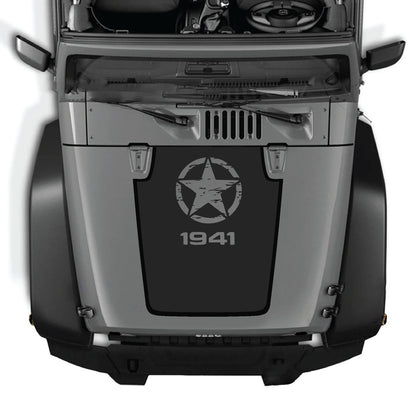 CarCode hood decal for Jeep Wrangler JK/JKU 2007-2018, style #90, shown on vehicle hood with detailed design in black and white.