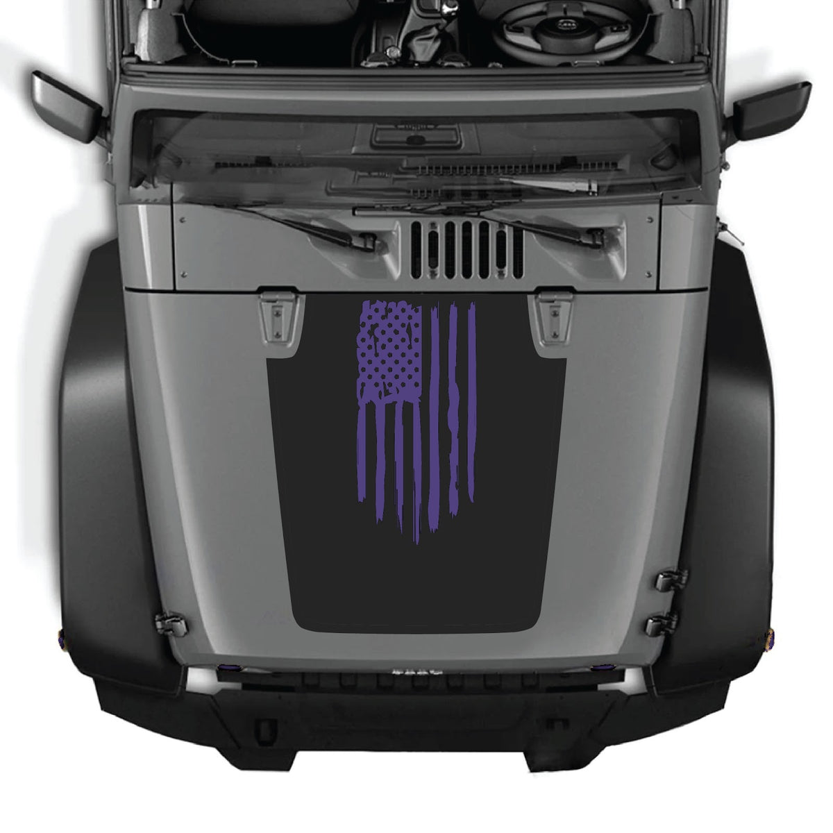 CarCode hood decal for Jeep Wrangler JK/JKU 2007-2018, style #03, black and gray graphic design on vehicle's hood.
