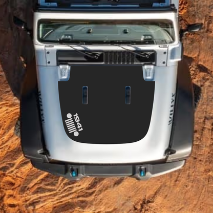 CarCode Jeep Wrangler JL and Gladiator JT hood decal with style #62, black and gray design on standard 2018+ model hood