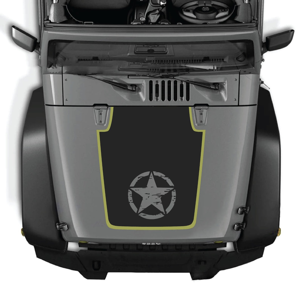 CarCode hood decal for Jeep Wrangler JK/JKU 2007-2018, style #75, shown on vehicle hood in black with bold design