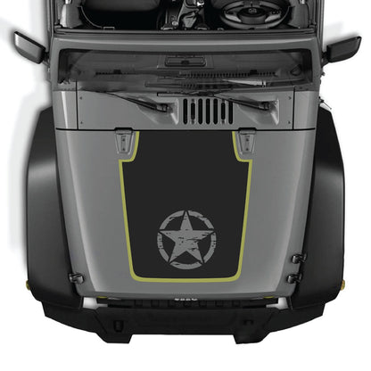 CarCode hood decal for Jeep Wrangler JK/JKU 2007-2018, style #75, shown on vehicle hood in black with bold design
