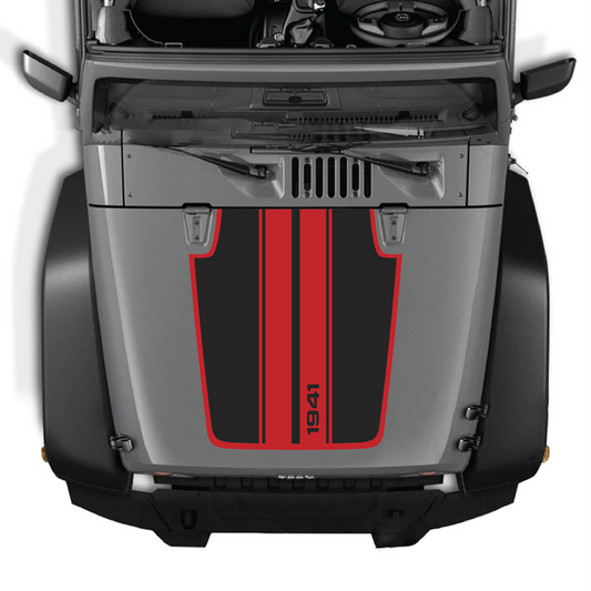 CarCode Jeep Wrangler JK/JKU hood decal in style #02, black graphic sticker for 2007-2018 Jeep Wrangler models.