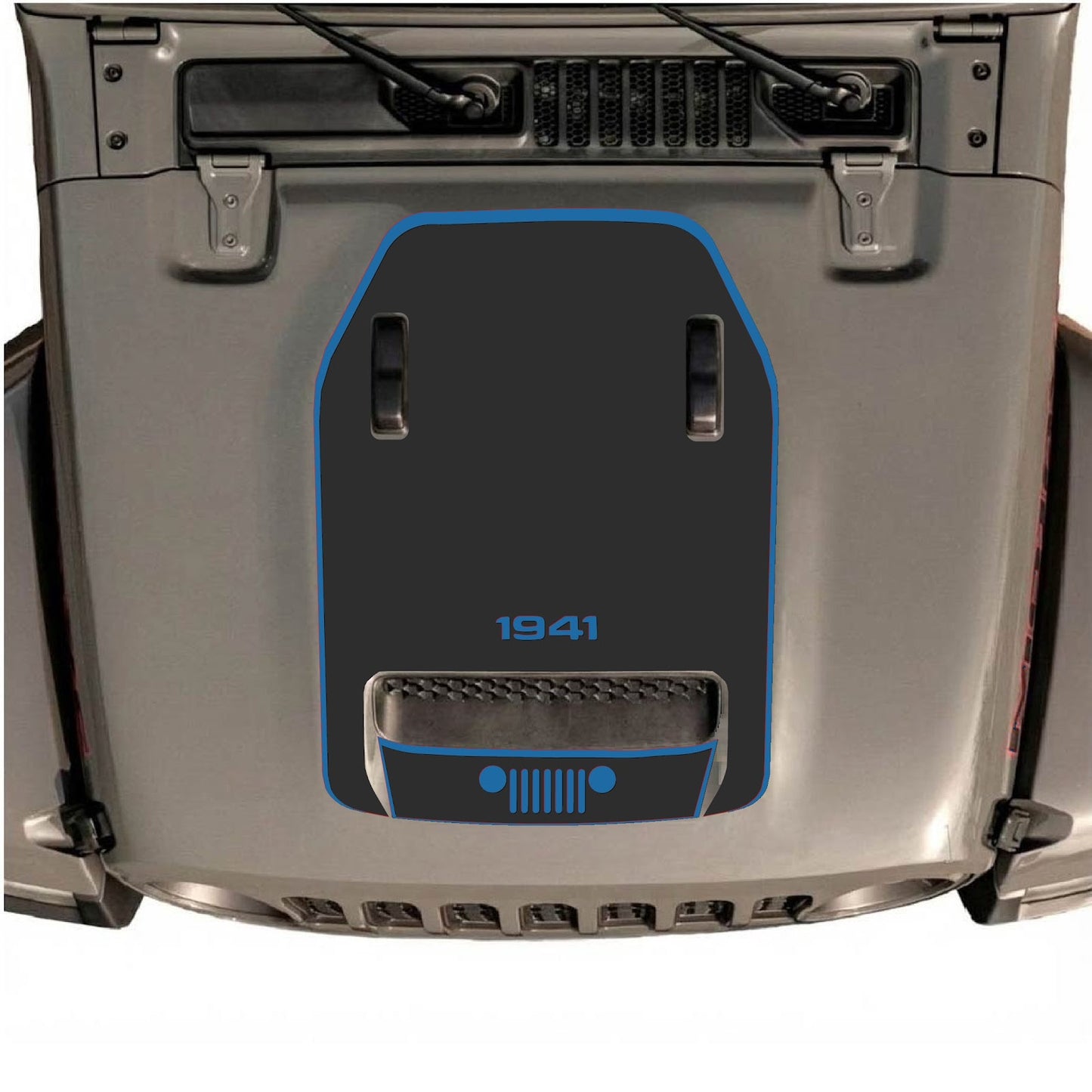 CarCode hood decal for Jeep Wrangler JL/JLU Rubicon 392 and JT Gladiator Mojave, style #59, black and gray graphic design.