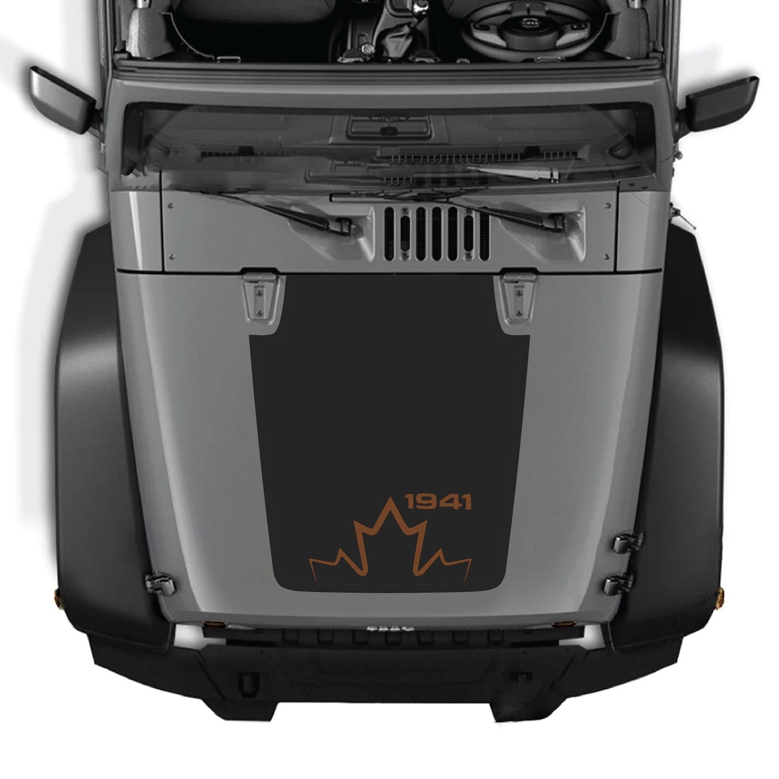 Jeep Wrangler JK/JKU hood decal by CarCode, style #12, black and white graphic sticker on the vehicle's hood.
