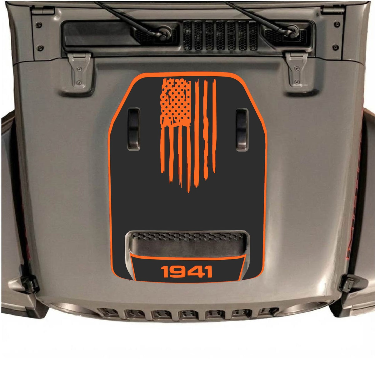 CarCode hood decal featuring style #29 on a Jeep Wrangler JL/JLU Rubicon 392 or JT Gladiator Mojave, 2020-2026, with bold graphics.