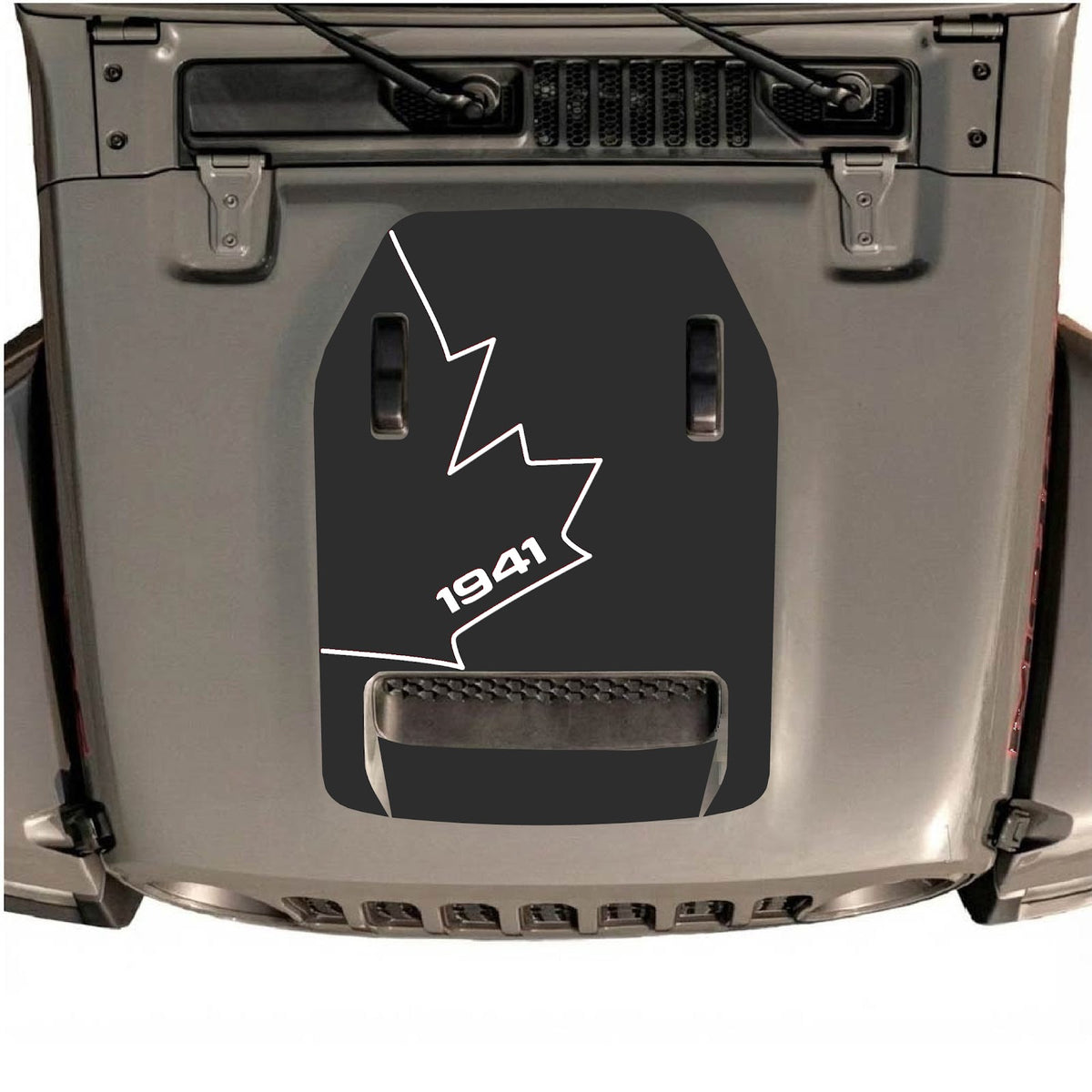 CarCode hood decal for Jeep Wrangler JL/JLU Rubicon 392 and JT Gladiator Mojave, style #26, showing the black decal on vehicle hood.