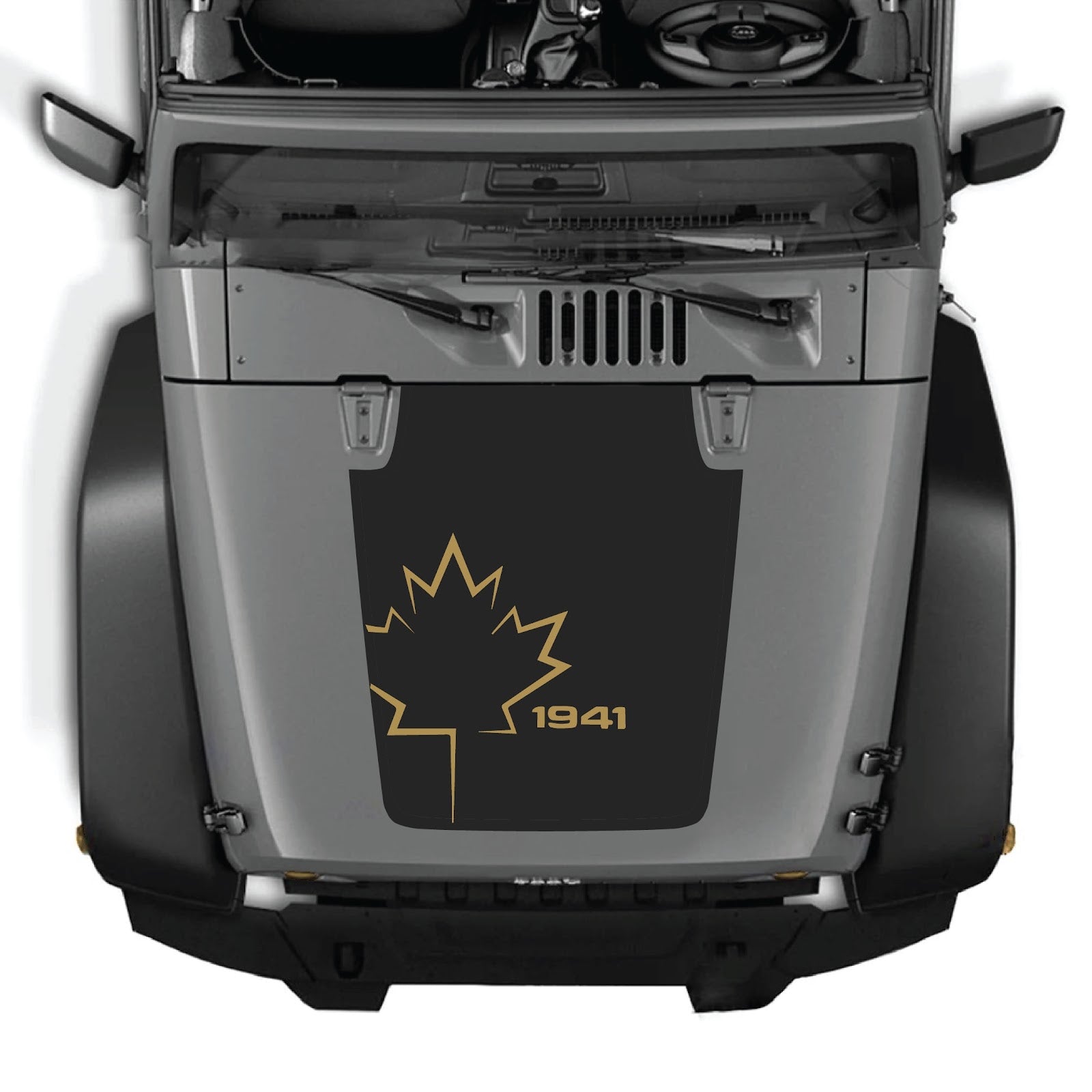Jeep Wrangler JK/JKU 2007-2018 hood decal by CarCode, style #10, showing black and gray graphic design on vehicle hood.