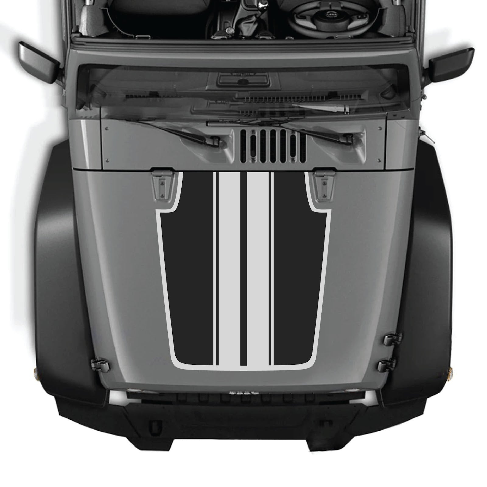 CarCode Jeep Wrangler JK/JKU 2007-2018 hood decal, Style #44, black graphic design on the vehicle's hood.