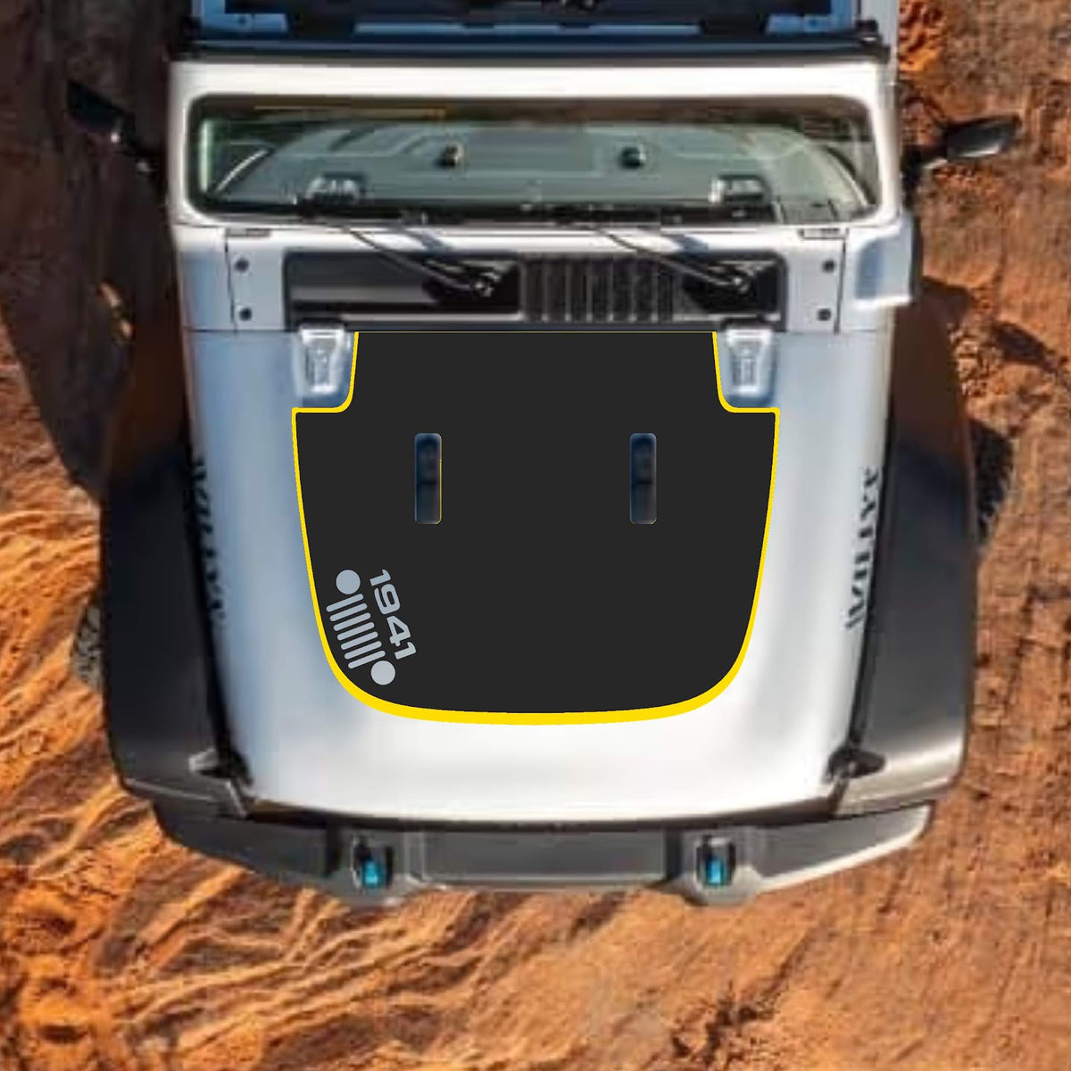 CarCode Jeep Wrangler JL JLU Gladiator JT hood decal in style #93, black and white graphic design on standard hood.