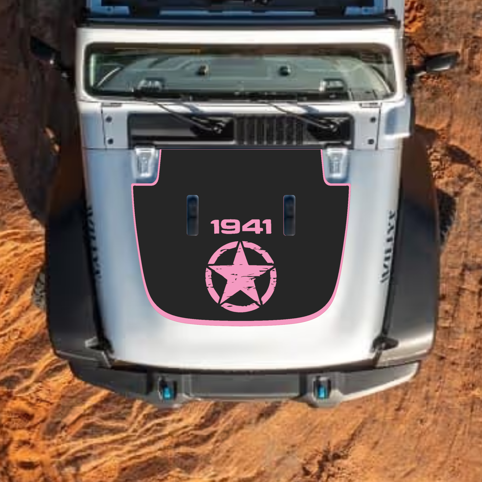 CarCode hood decal for Jeep Wrangler JL JLU and Gladiator JT, stylish standard hood decal in style #35 on a 2018+ Jeep model.