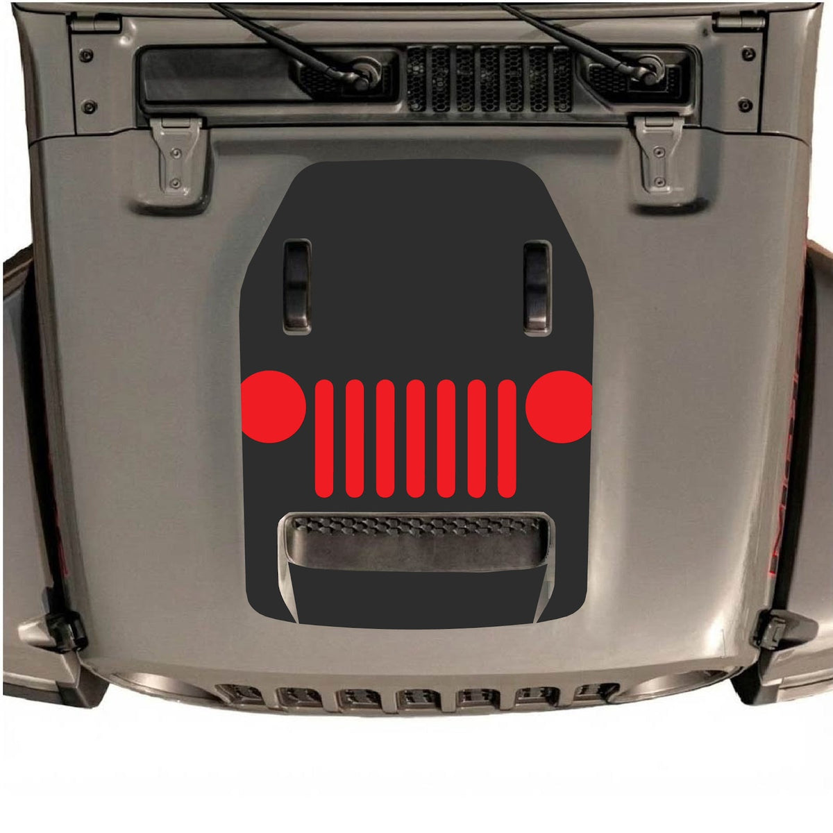 Jeep Wrangler JL/JLU Rubicon 392 and Gladiator Mojave hood decal by CarCode, style #04, black graphic design on hood surface.