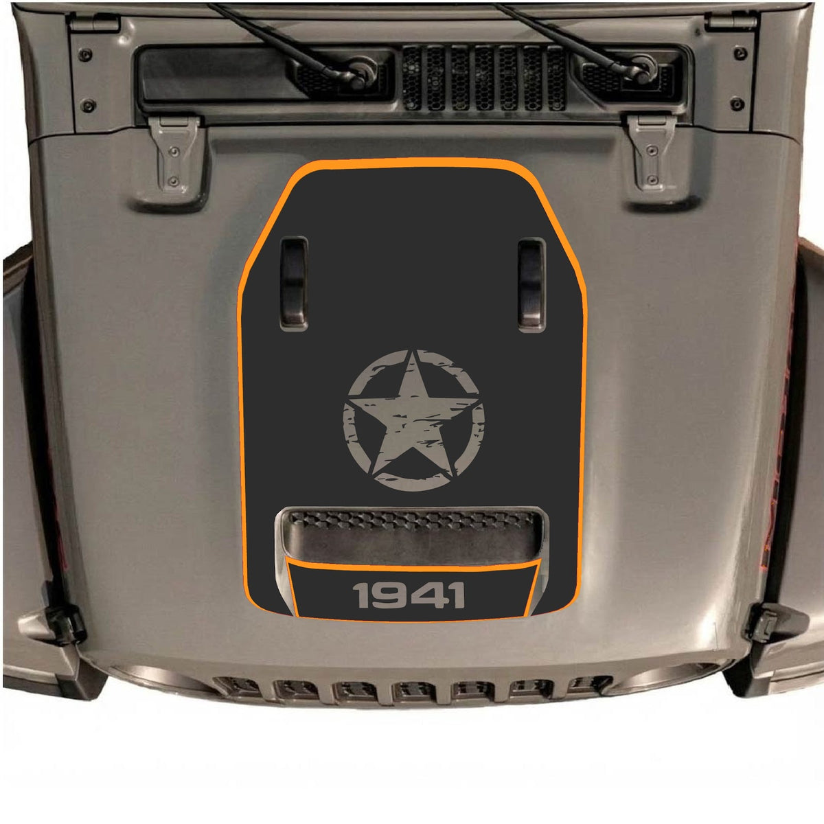 CarCode Jeep Wrangler JL/JLU Rubicon 392 and Gladiator Mojave hood decal in Style #90, black and gray graphic design on vehicle hood.