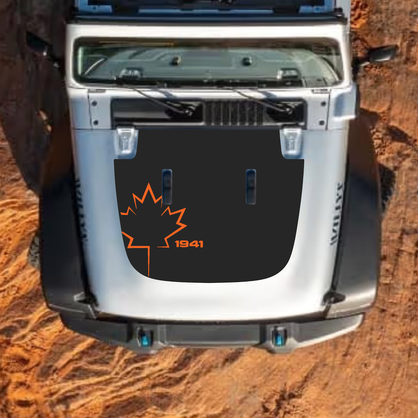 CarCode hood decal for Jeep Wrangler JL and Gladiator JT, stylish decal design on standard hood 2018+ models.
