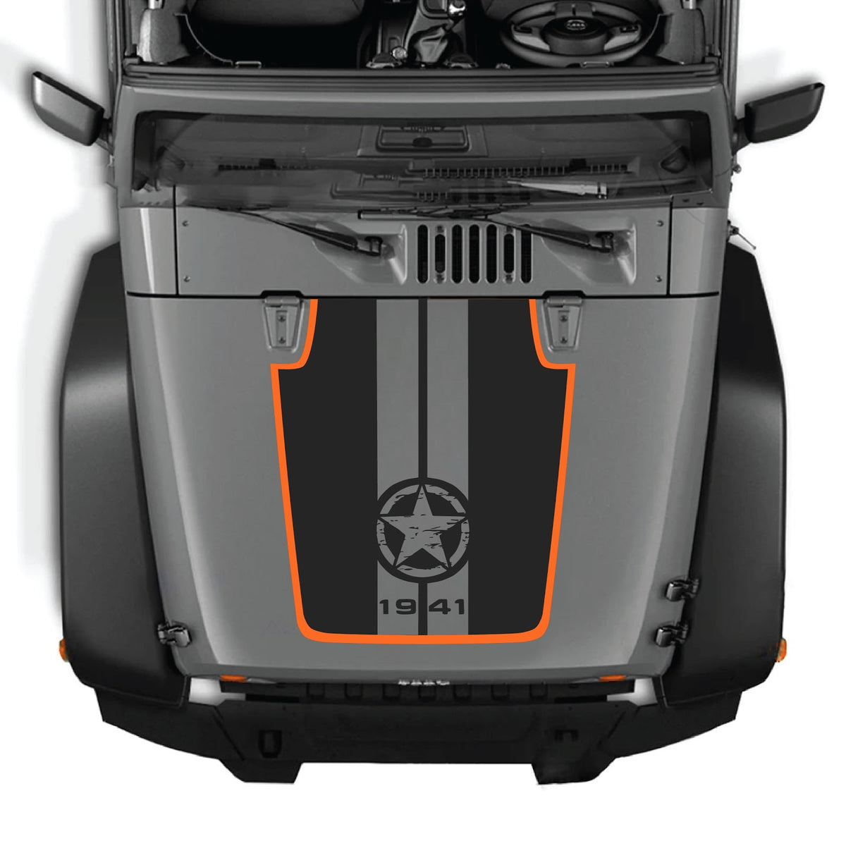 CarCode hood decal for Jeep Wrangler JK/JKU 2007-2018, style #92, shown on vehicle's hood with black and white design.