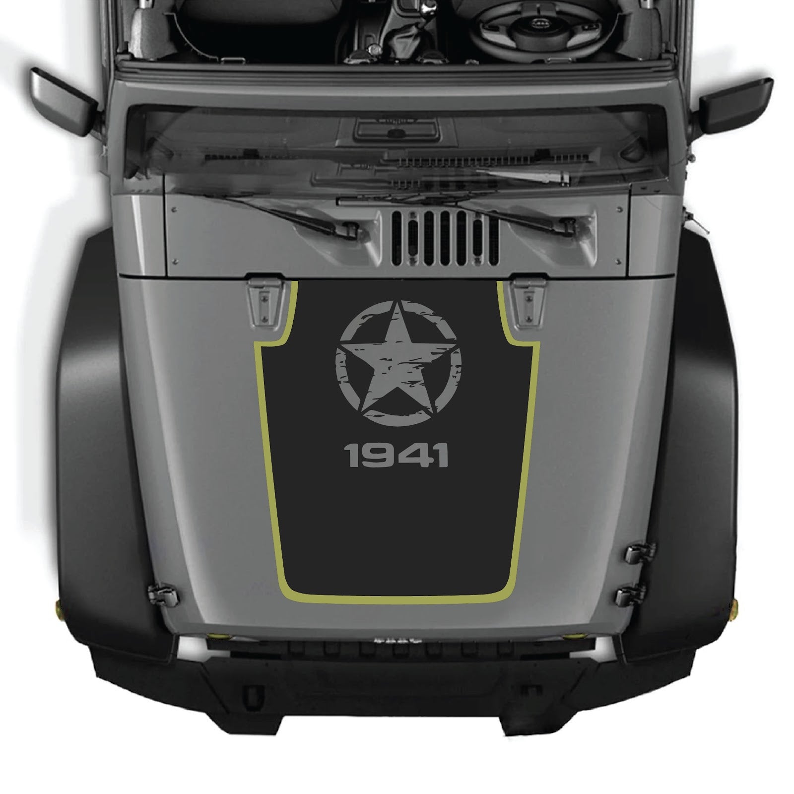 CarCode Jeep Wrangler JK/JKU hood decal in style #90, black and white graphic design on vehicle hood, 2007-2018 model.