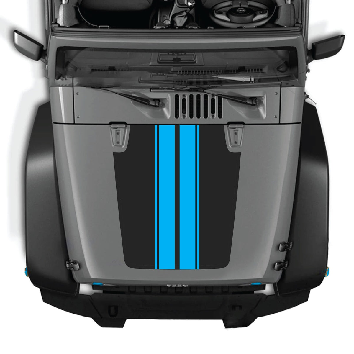 CarCode Jeep Wrangler JK/JKU hood decal Style #43, black graphic design on the vehicle's hood for 2007-2018 models.