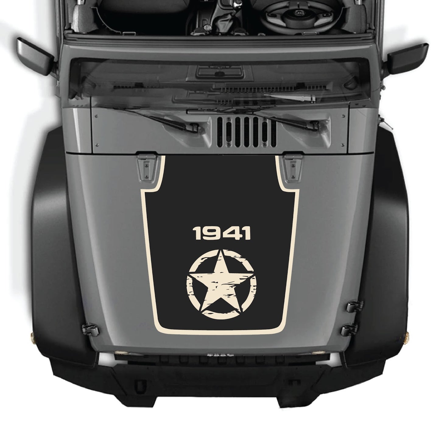 Jeep Wrangler JK/JKU hood decal by CarCode, style #22, black and gray design on the vehicle's hood.