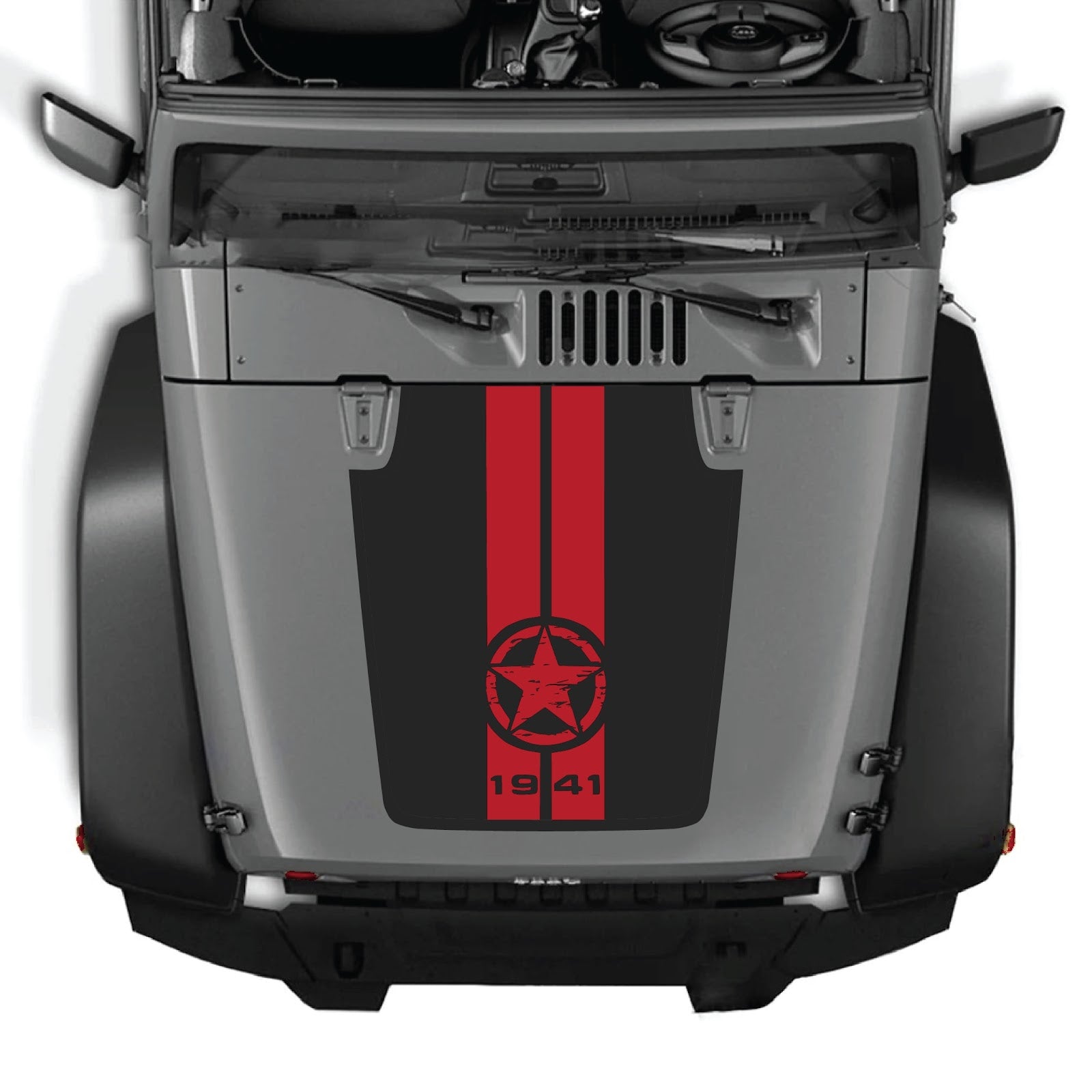 CarCode Jeep Wrangler JK/JKU hood decal, style #62, black and white graphic design on vehicle hood, 2007-2018 model.