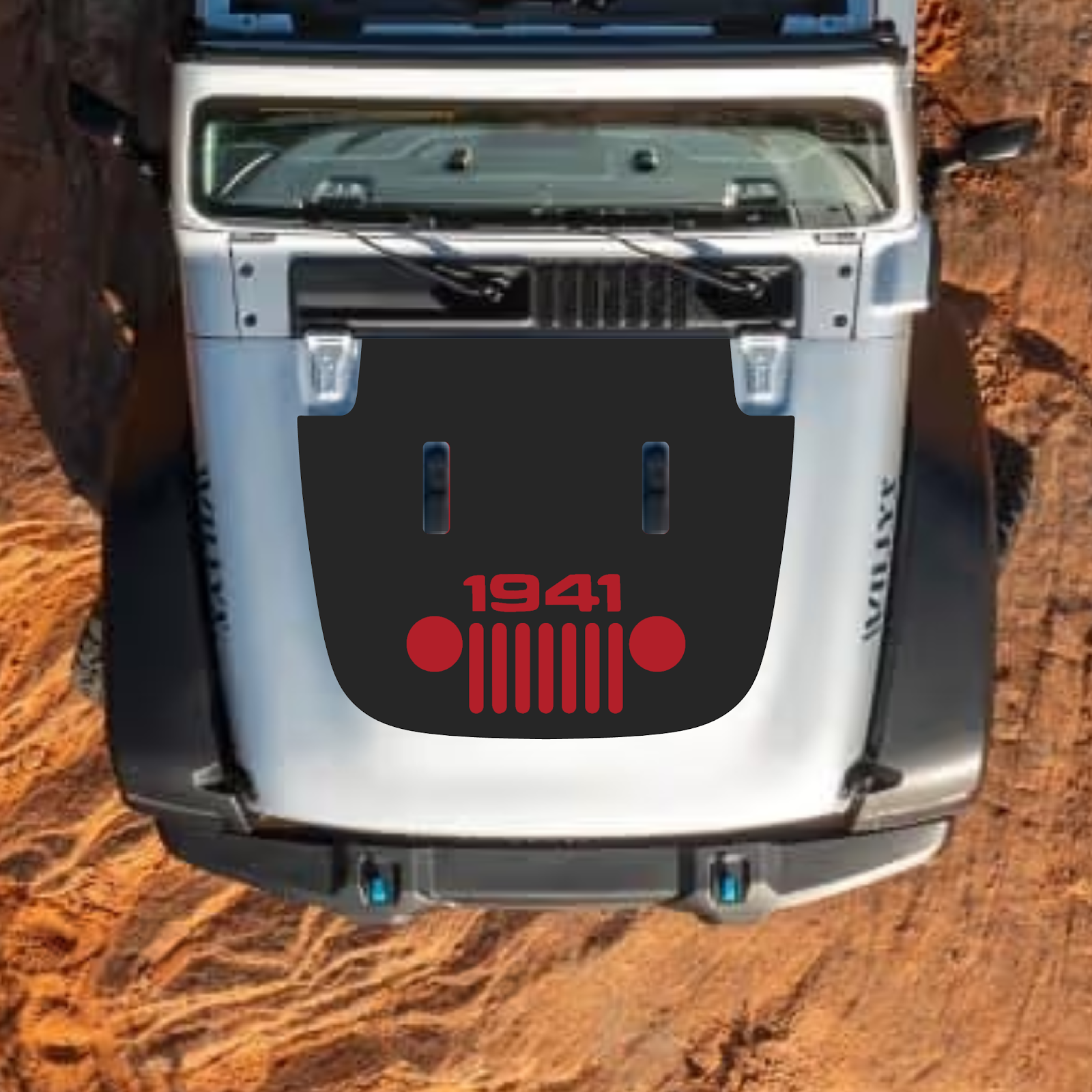 CarCode Jeep Wrangler JL and Gladiator JT hood decal in style #65, black and gray design on standard hood for 2018+ models.