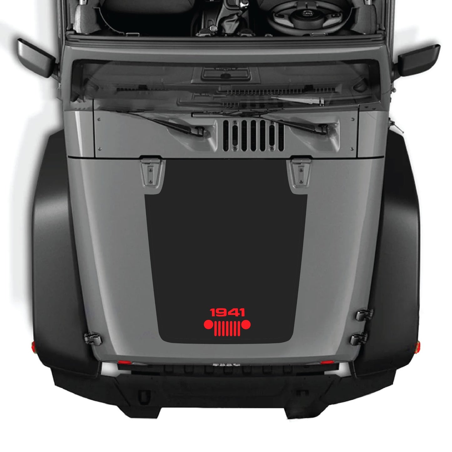 CarCode Jeep Wrangler JK/JKU hood decal, Style #53, black and gray graphic design on the vehicle's hood, 2007-2018 model.