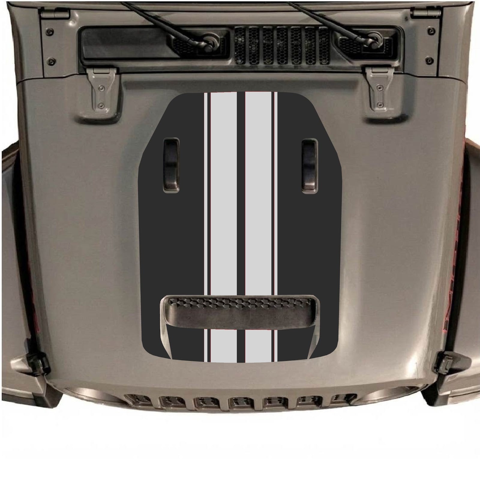 CarCode Jeep Wrangler JL/JLU Rubicon 392 and Gladiator Mojave hood decal, Style #12, shown in black on vehicle hood.
