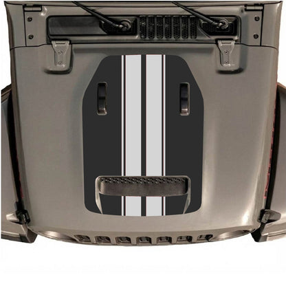 CarCode Jeep Wrangler JL/JLU Rubicon 392 and Gladiator Mojave hood decal, Style #12, shown in black on vehicle hood.