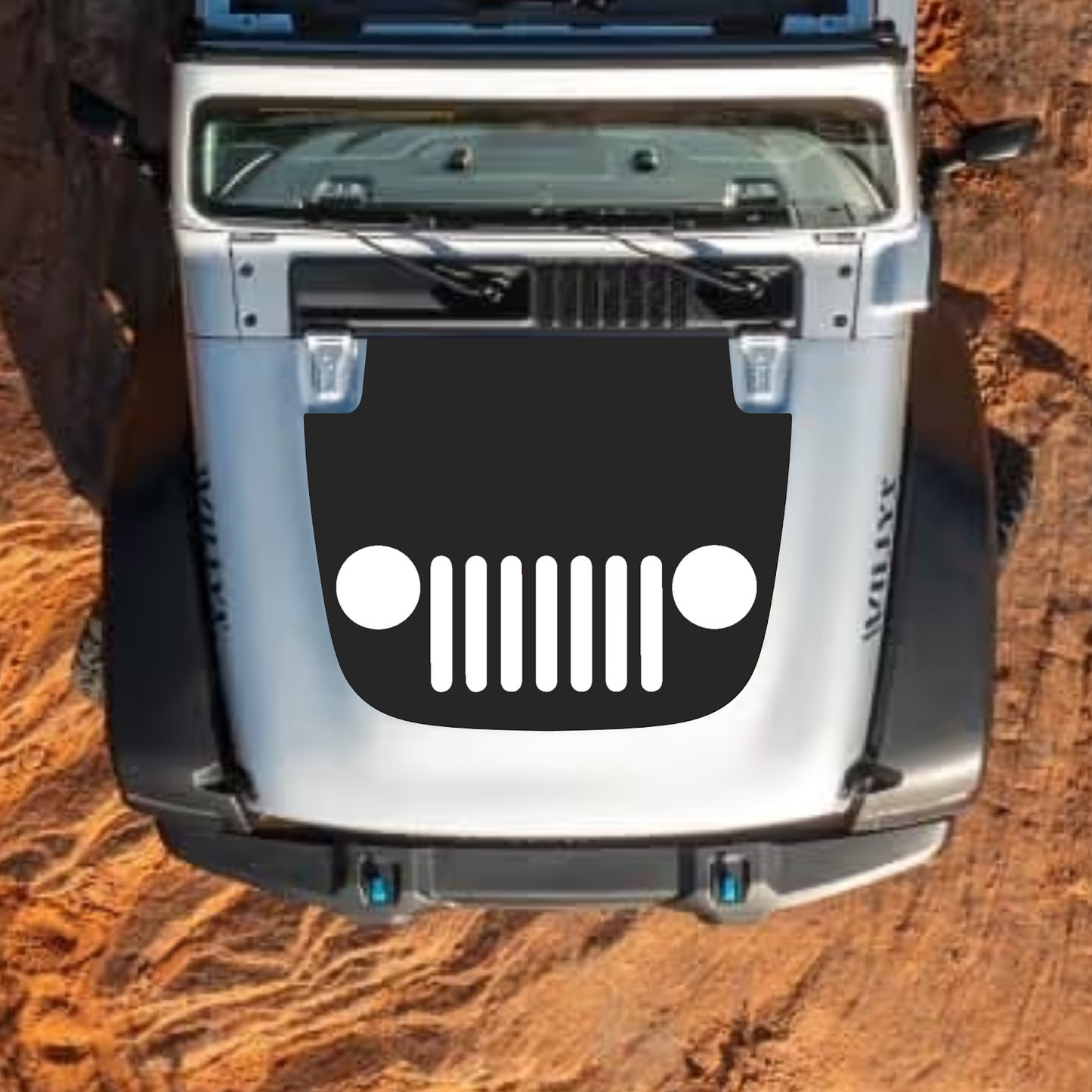 CarCode hood decal for Jeep Wrangler JL, JLU, Gladiator JT, standard hood style, black graphic decal for 2018+ models.