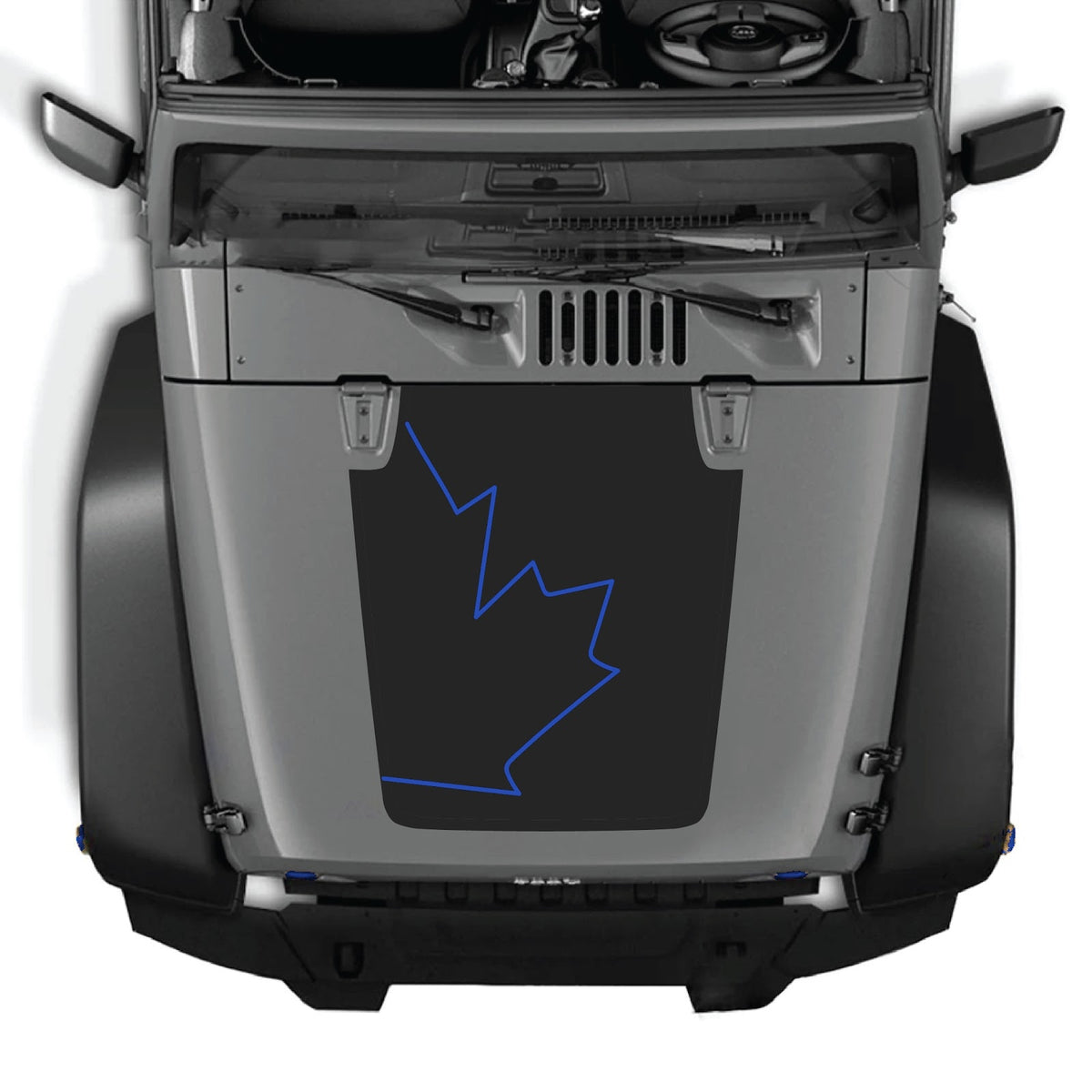 Jeep Wrangler JK/JKU hood decal in style #07, black graphic design suitable for 2007-2018 models, by CarCode.