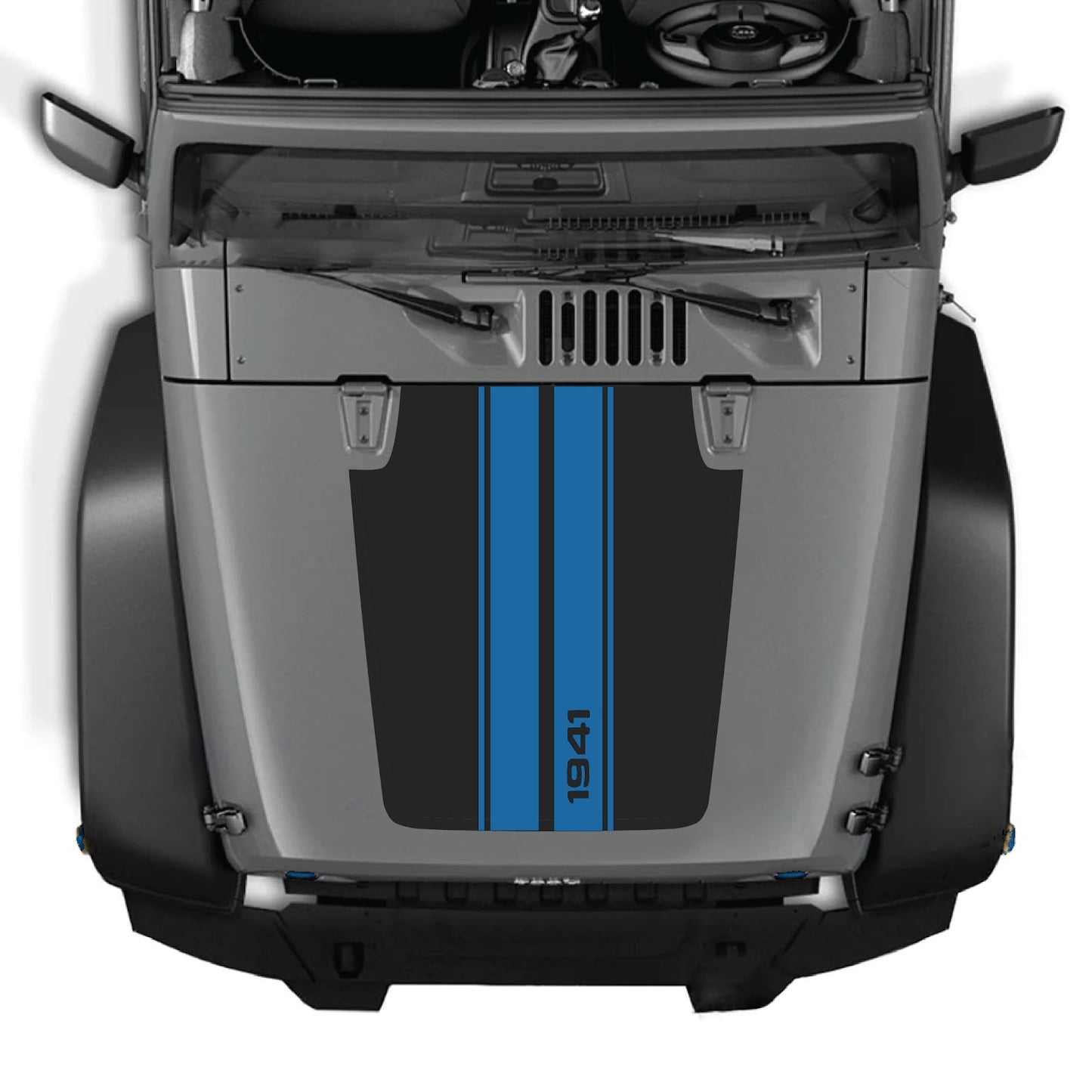 CarCode hood decal for Jeep Wrangler JK/JKU 2007-2018, Style #01, black and white graphic design on the vehicle's hood.