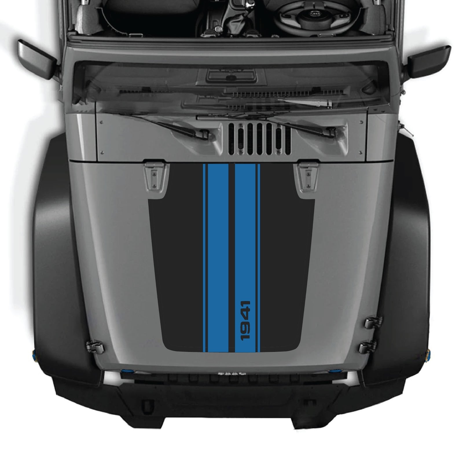 CarCode hood decal for Jeep Wrangler JK/JKU 2007-2018, Style #01, black and white graphic design on the vehicle's hood.