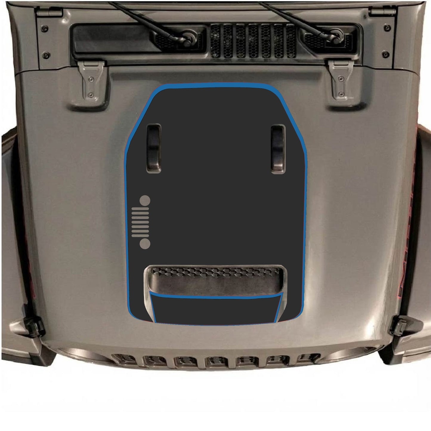 Jeep Wrangler JL/JLU Rubicon 392 and JT Gladiator Mojave hood decal in style #95, black graphic design on hood surface.