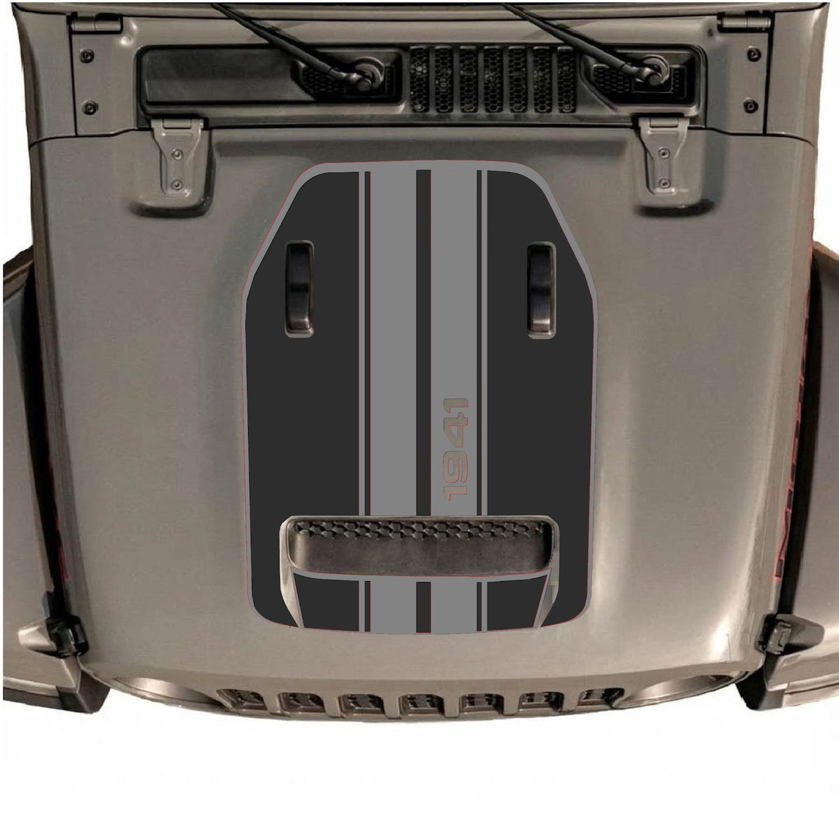 CarCode hood decal for Jeep Wrangler JL/JLU Rubicon 392 and JT Gladiator Mojave 2020-2026, black and gray design on vehicle hood